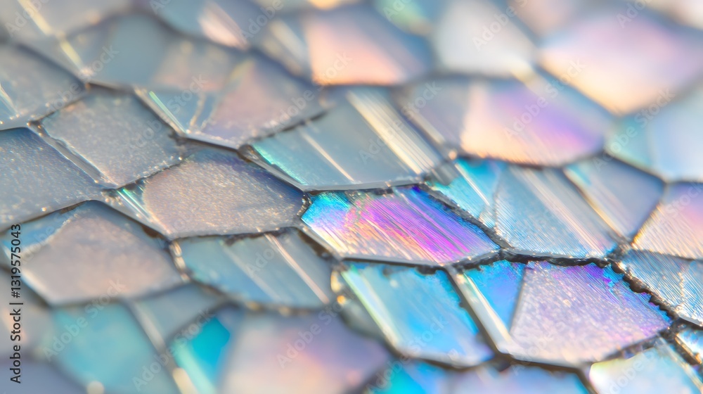 Poster close up photo of a textured iridescent scale like pattern