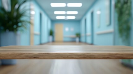 Empty table top with a blurred hospital interior
