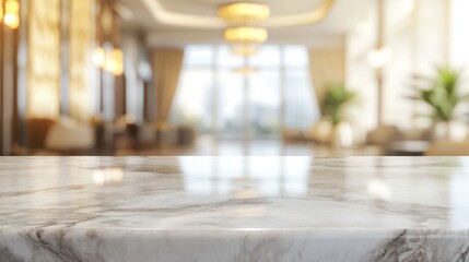 Marble table top with blurred hotel interior background