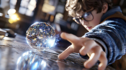 young wizard reaches for glowing crystal ball, filled with stars and magic. scene captures wonder and curiosity in mystical setting