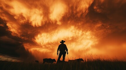 Obraz premium Cowboy lassoing cattle against a stunning evening sky with dramatic clouds