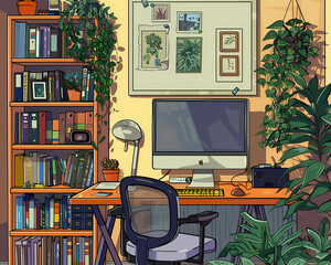 cartoon home office illustration with lots of plants, book shelves, computer and desk 