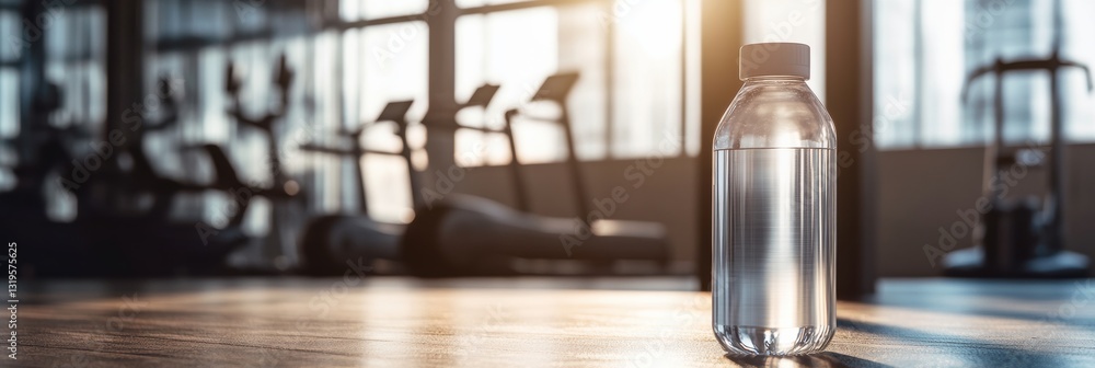 Poster transparent water bottle captures the essence of hydration in a gym setting with a minimalist design