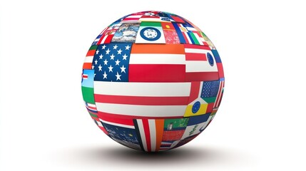 World globe covered in flags on a plain background, symbolising international cooperation and global cultures