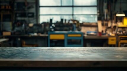 Empty table top with a blurred workshop interior