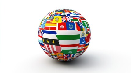Flags of many countries wrap a sphere. White isolated background. Global representation
