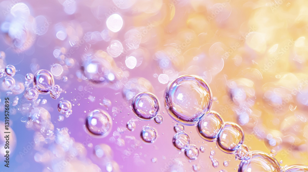 Poster close up of colorful bubbles in soft light, creating dreamy atmosphere