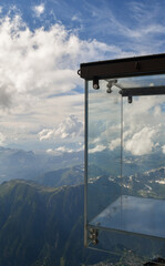 The Step into the Void, a glass box glazed on 5 sides, at the Aiguille du Midi (3842 m), in the Mont Blanc massif, Chamonix, Haute Savoie, France