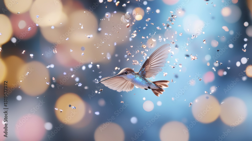 Poster vibrant hummingbird in flight surrounded by colorful bokeh and sparkling confetti creates magical at