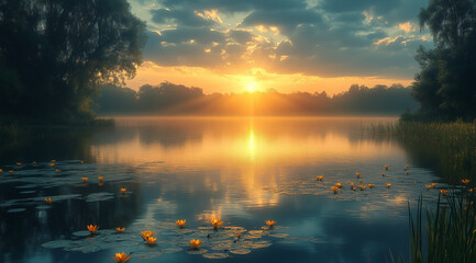 A serene lake at sunrise, with water lilies blooming and the sun rising over a misty horizon 
