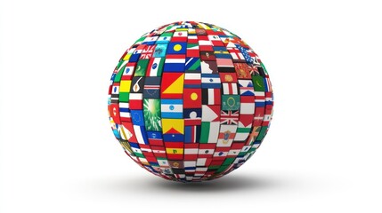 Obraz premium Globe covered with flags of various countries, isolated against a solid white background