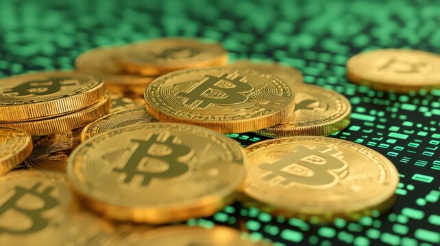Gold Bitcoin Cryptocurrency Coins on Green Digital Code Background - Powered by Adobe