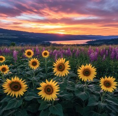 Fototapeta premium Vibrant Sunflower Field Under Breathtaking Sunset with Colorful Wildflowers and Peaceful Lake in Background, Nature's Splendor Captured at Dusk