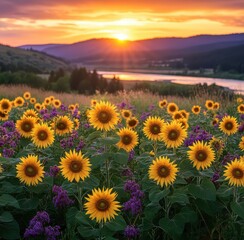 Obraz premium Vibrant Sunflower Field Under a Stunning Sunset with Mountains and Lake in the Background for Nature Lovers and Landscape Photography Enthusiasts