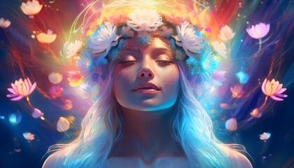 Obraz premium Woman wearing glowing flower crown expressing serenity and inner peace