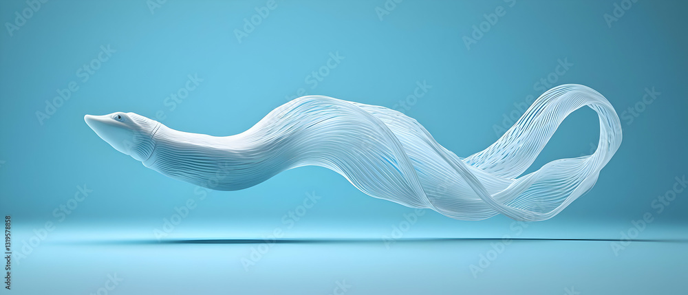 Poster a single smooth white and light blue abstract form flows in a wavy pattern against a gradient blue b