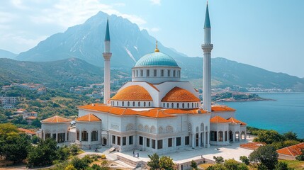 Stunning white mosque, perched on a hillside overlooking the sea and mountains