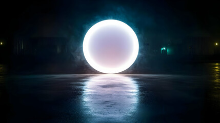Obraz premium Glowing White Circular Portal Above Wet Concrete Floor at Night Reflecting Urban Cityscape with a Futuristic Dreamlike Atmosphere