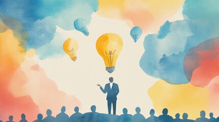 Startup Founder Presenting Revolutionary Ideas with Lightbulbs