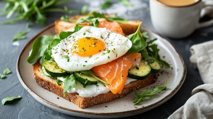 In a cozy cafe, a lovely sandwich features a poached egg, smoked salmon, fresh greens, and zucchini on whole grain toast, paired with a warm drink