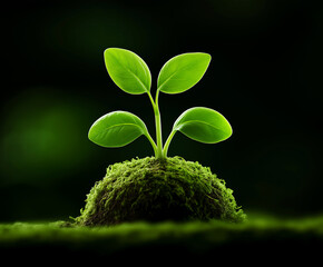 Green sprout growing in moss. Small leafy plant, nature growth and eco friendly