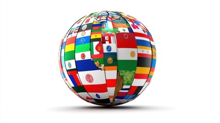 Globe with global flags in a studio with white background