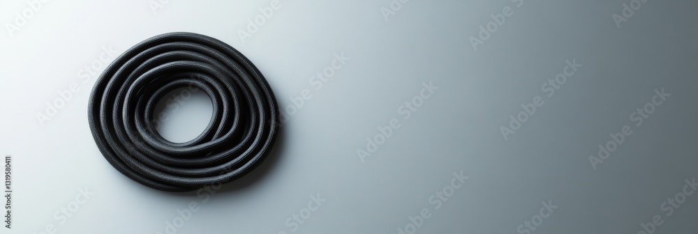 Aufkleber Black jump rope coiled in a spiral shape on a smooth grey background with minimalist design and ample negative space