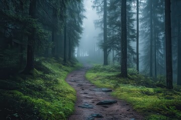Obraz premium Misty Forest Pathway Surrounded by Tall Coniferous Trees in Fog