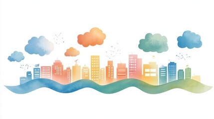 Vibrant Cityscape Illustration with Colorful Buildings and Waves