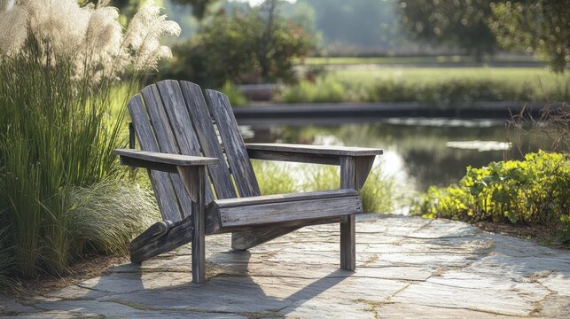 A handcrafted Adirondack chair, its weathered wood a testament to the enduring charm of nature, stands poised in a serene setting, inviting relaxation and comfort.