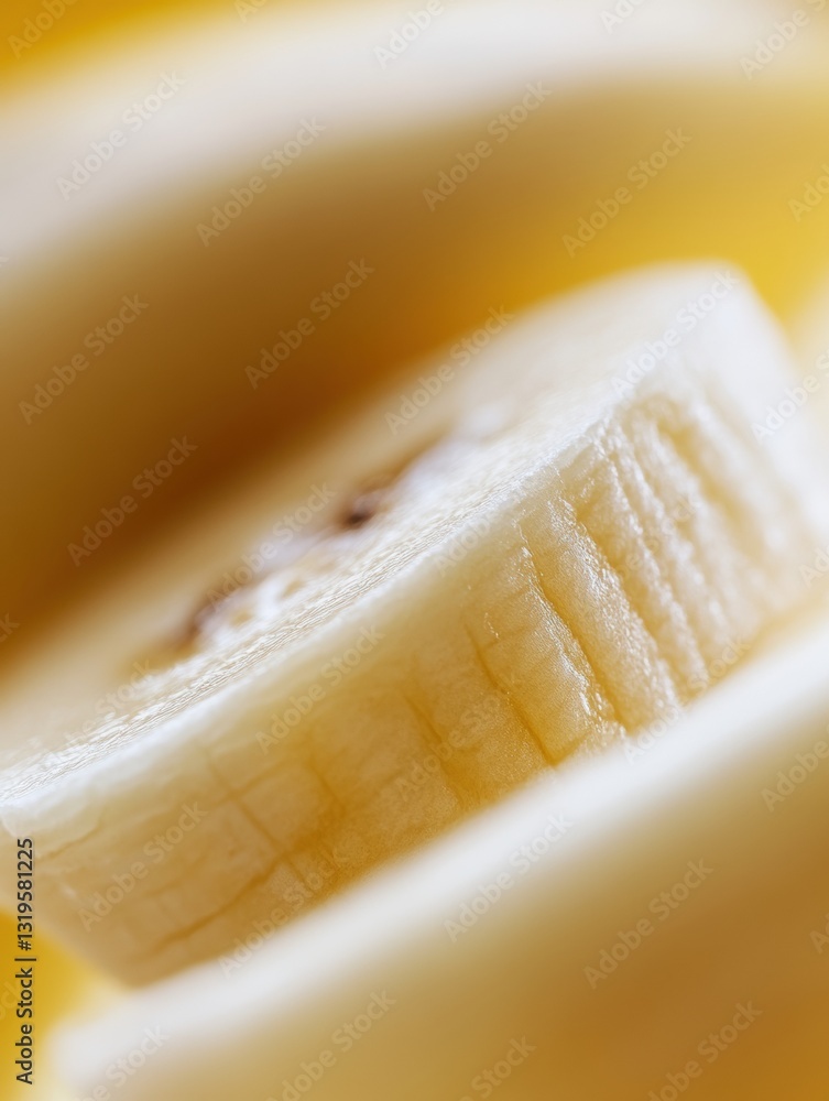 Poster Close up macro shot of sliced banana halves revealing texture and details with blurred background highlighting natural beauty