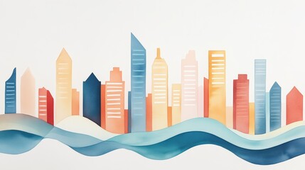 Vibrant Cityscape with Colorful Buildings and Waves in Background