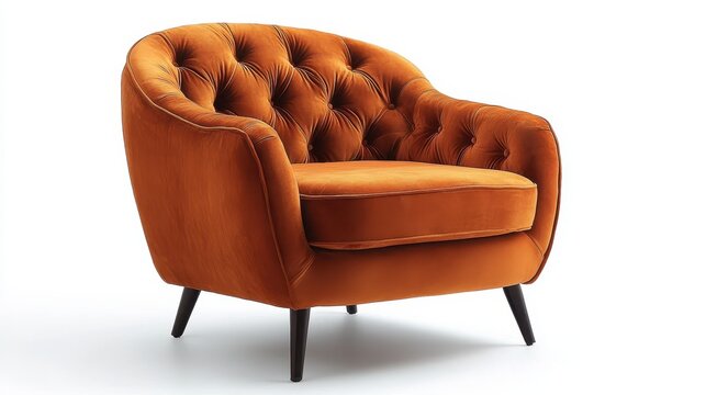 A vintage orange armchair, adorned with tufted backrest and worn velvet upholstery, exudes charm and invites relaxation, making it a perfect centerpiece for home decor or a haven of comfort in a