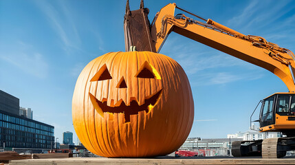 Giant Carved Pumpkin With An Excavator In An Urban Construction Site Under A Blue Sky During Daytime