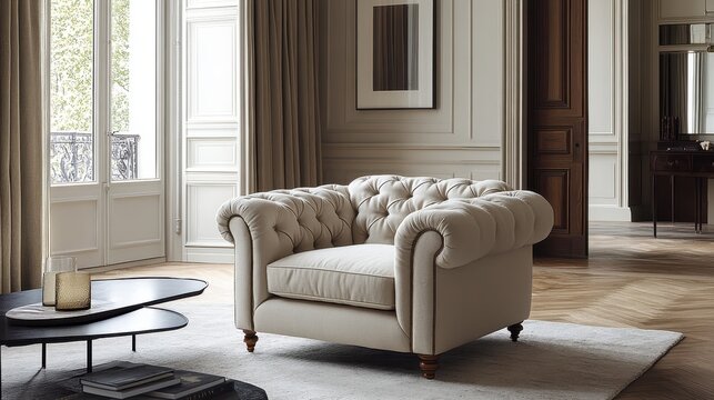 A plush, vintage armchair, adorned with a tufted backrest that whispered tales of bygone eras, beckoned relaxation and served as a testament to timeless design.