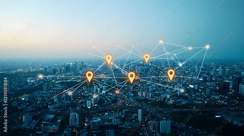 Aufkleber panoramic night cityscape with illuminated buildings and interconnected location pins representing g