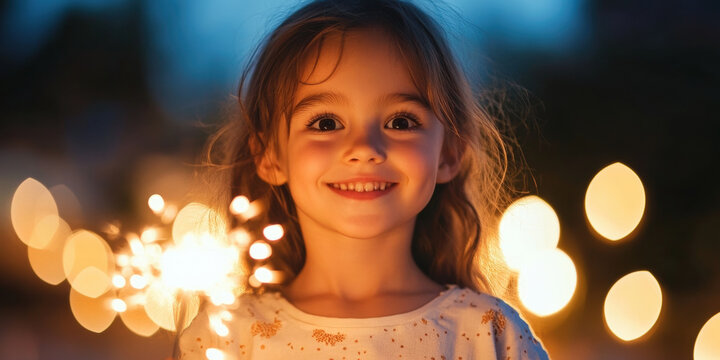 Joyful child holding sparkler at night with bright bokeh background - Powered by Adobe