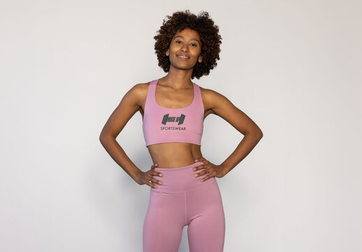 Confident Woman in Sportswear Poses for Fitness Mockup