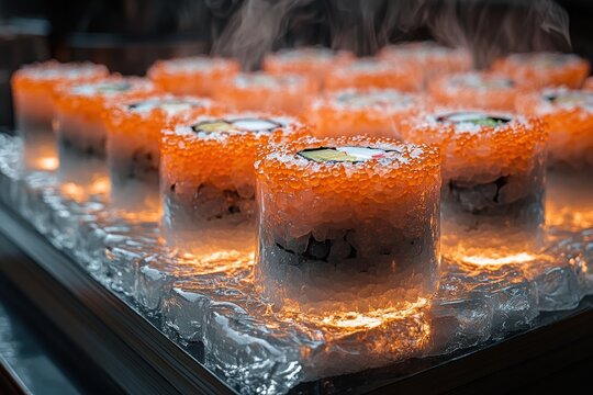 Sushi preparation event restaurant kitchen culinary showcase modern gastronomy