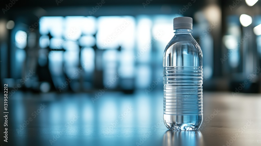 Poster Minimalist transparent water bottle in a gym setting with blurred background and ample space for custom text display