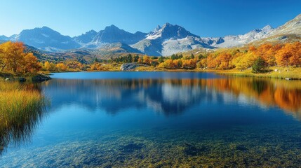 Autumnal alpine lake nestled amongst colorful trees reflecting mountains