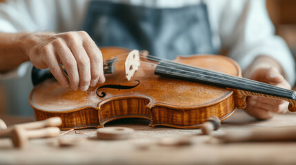 Craftsman adjusting violin bridge in workshop, showcasing artisan skills and musical craftsmanship