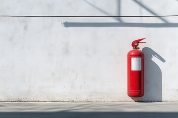 Red Fire Extinguisher Mounted on Plain Wall with Sharp Shadow