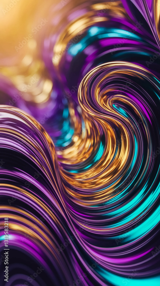 Poster abstract image of swirling purple, gold, and teal lines creating a dynamic, flowing texture, showcas