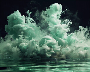 dramatic green ink cloud in water on black background 