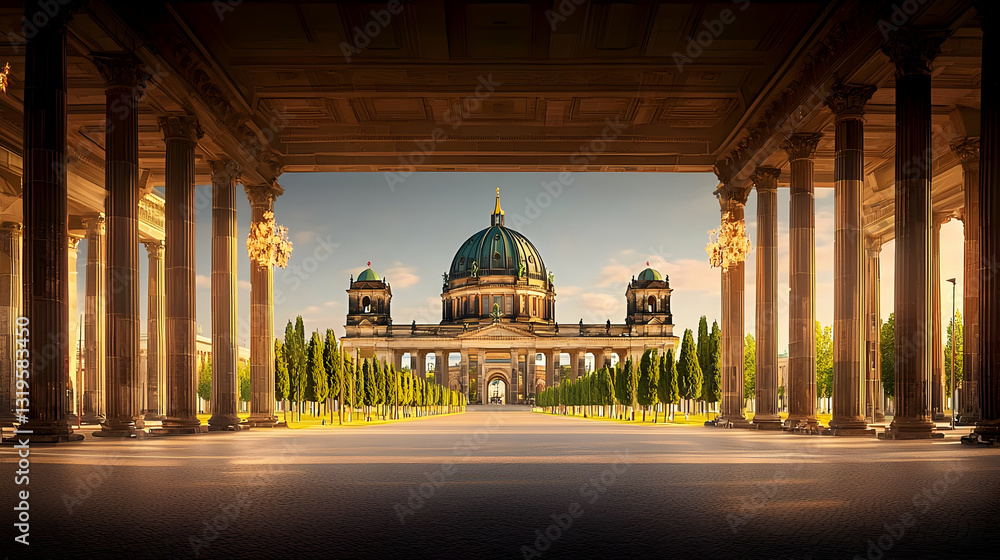 Poster grand architecture view of domed building with columns and trees under blue sky
