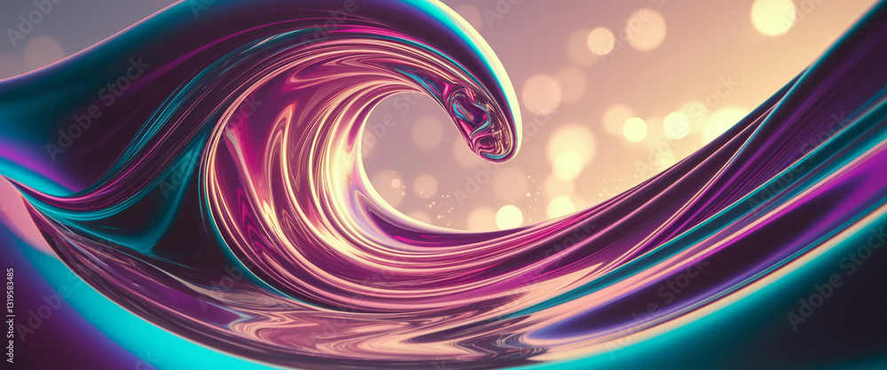 Poster Abstract image of a swirling, metallic wave in purple and teal hues against a bokeh background, showcasing fluidity and dynamic movement, ideal for design or tech concepts