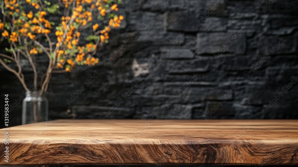 Poster warm tones of a brown wooden table create an inviting atmosphere, complemented by a textured stone w