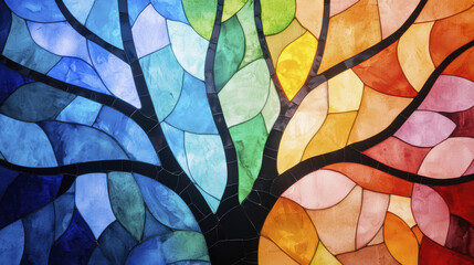 Stained glass artwork depicting vibrant tree with colorful leaves, showcasing shades of blue, green, yellow, orange, and red