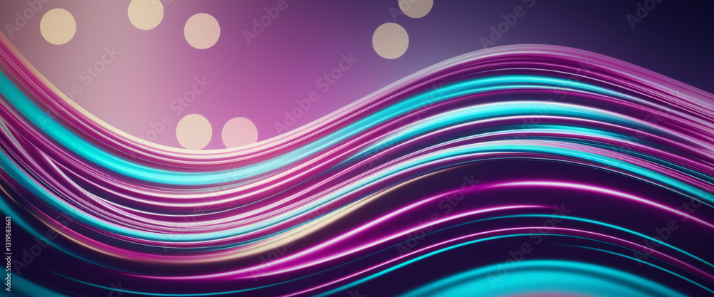 Poster abstract image with flowing purple and teal lines on a dark background, accented by soft, out-of-foc